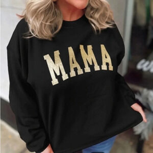 Black “MAMA” Gold Glitter Sweatshirt Varsity Graphic Pullover NWT